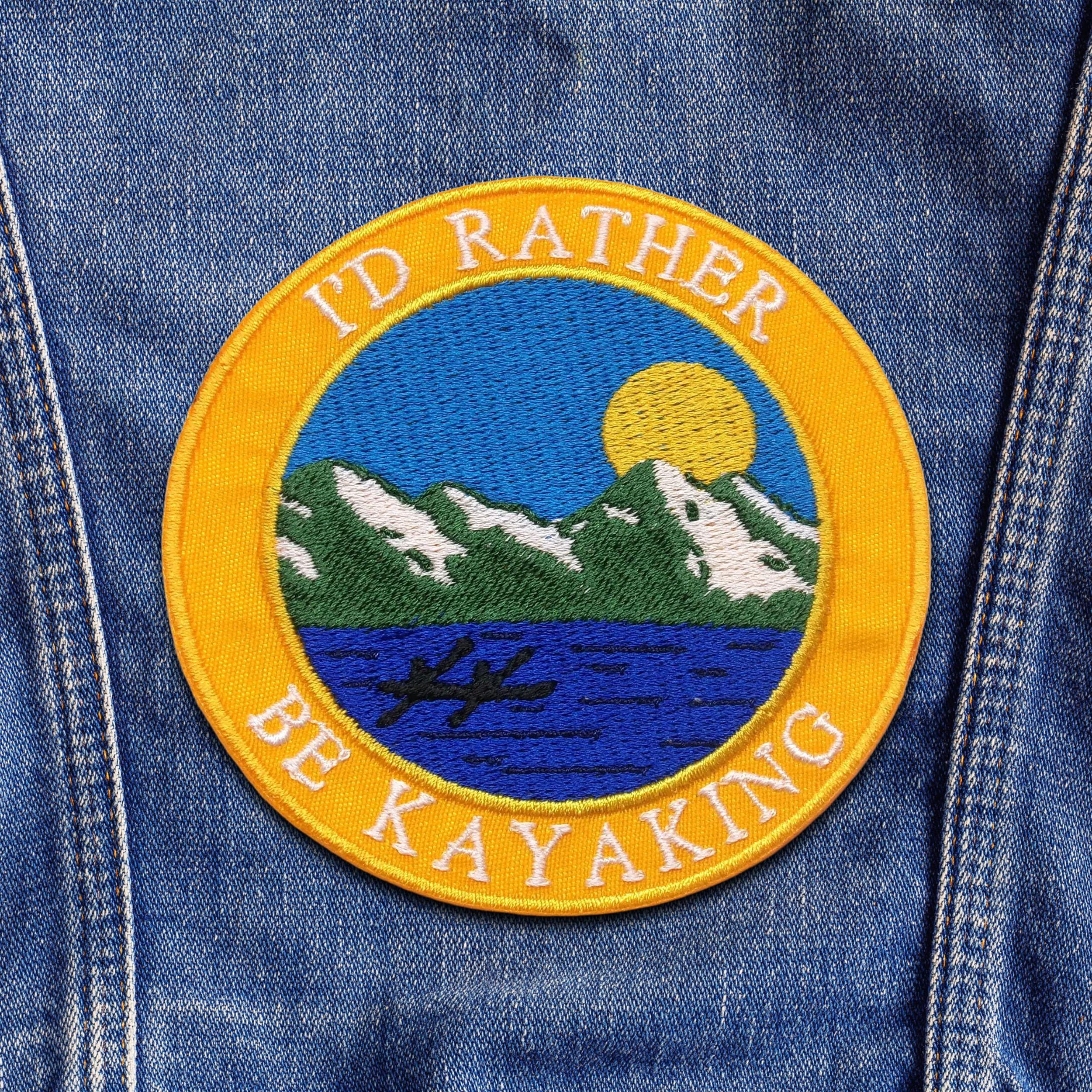I'd Rather Be Kayaking Patch Embroidered Iron-On Applique for Clothing & Backpacks, Water Sports Patch, Sun Mountains Lake Nature Themes