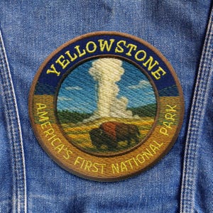 Iron-On Yellowstone Park Patch/Bison Patch/Nature Badge/Sew-On Applique/Old Faithful Erupting/Wildlife Patch/America’s First National Park