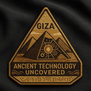 May include: Embroidered patch featuring a triangular design with the word "GIZA" at the top. The patch depicts pyramids and ancient technology, with the text "ANCIENT TECHNOLOGY UNCOVERED" below. The patch is in shades of brown and gold.