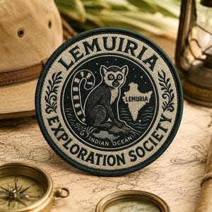 May include: A circular embroidered patch featuring a ring-tailed lemur, a map of Lemuria, and the text "LEMUIRIA EXPLORATION SOCIETY" and "INDIAN OCEAN". The design uses a dark green and beige color palette with detailed stitching and a border.