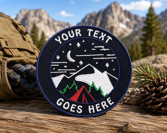 Custom Name Patch "Your Text" Mountains Moon Stars Embroidered Iron-On Applique for Clothing & Jacket, Nature Adventure Badge, Hiking Patch