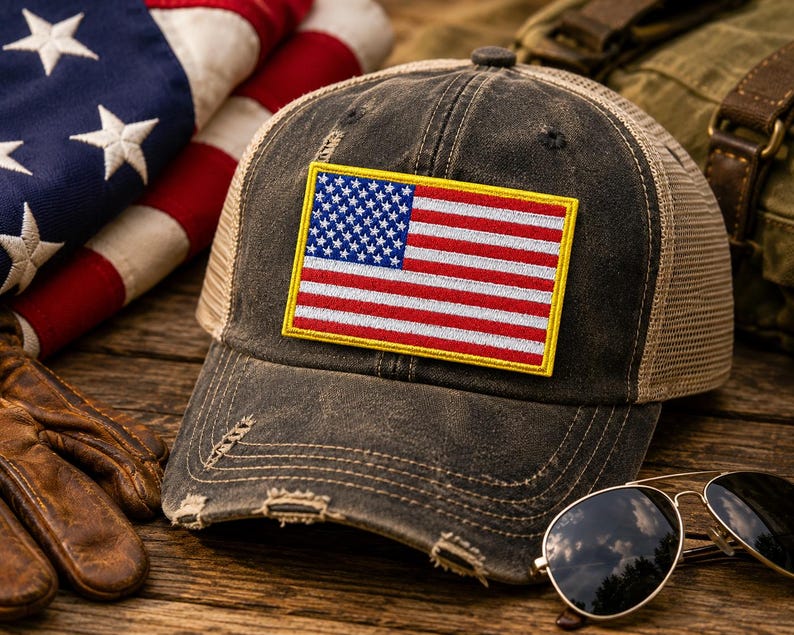 May include: A distressed charcoal grey baseball cap featuring a rectangular embroidered patch of the United States flag with a yellow border. The cap has a mesh back panel and a curved brim with frayed edges, showcasing a worn-in aesthetic.