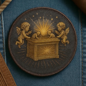 May include: Round patch with a detailed illustration of a golden chest with cherubs and a radiant light burst on a black background. The patch has a brown border and is set against a denim background.