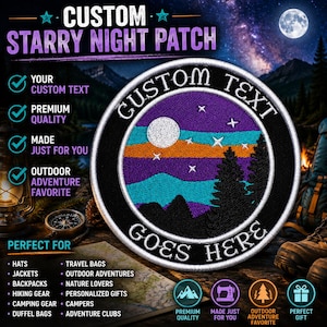 Custom Name Patch/Your Text/Iron-On Patch/Purple Starry Night/Moon & Stars/Embroidered Personalized Sew-On Applique for Clothing Hat Jacket