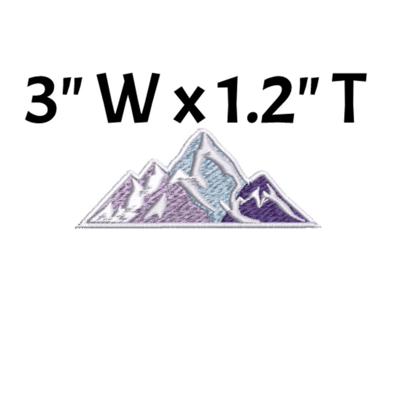 May include: Purple, blue, and white embroidered mountain range patch. The patch is 3 inches wide by 1.2 inches tall.