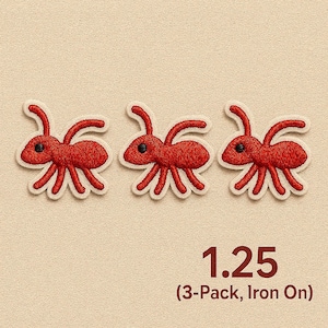 May include: Three red embroidered ant patches with black eyes and white borders. The patches are iron-on and are displayed on a beige background. The text "1.25" and "(3-Pack, Iron On)" are printed below the patches.