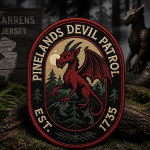 May include: Oval patch with a red dragon design, the words "Pinelands Devil Patrol" and "Est. 1735". The patch is black with a red border and a tan background. The background includes a sign that says "Pine Barrens New Jersey".