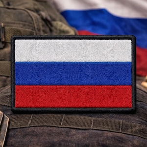 Parche termoadhesivo bordado con la bandera de Rusia: bandera tricolor de fabricación veterana, hilo resistente (equipo militar, mochilas)