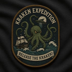 May include: Embroidered patch featuring a green kraken attacking a ship in a stormy sea. The patch reads "Kraken Expedition" and "Release the Kraken!" in a vintage style. A UFO hovers above the kraken.