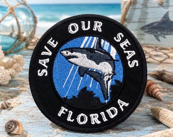Save Our Seas Shark Patch/Iron-On Patch/Florida Beach Souvenir/Coconut Girl/Embroidered Sew-On Applique for Clothing Jacket Hats Tote Bag