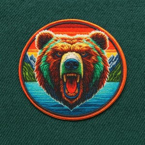 Grizzly Bear Patch Iron-on Applique for Backpack & Clothing, Jacket, Hat, Outdoor patch, Adventure Patches, Hiking Trail Patch, Fierce Bear