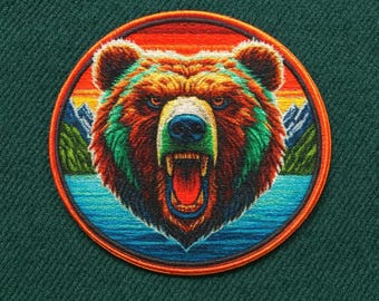 Grizzly Bear Patch Iron-on Applique for Backpack & Clothing, Jacket, Hat, Outdoor patch, Adventure Patches, Hiking Trail Patch, Fierce Bear