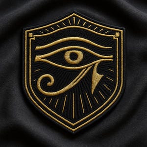 May include: A black shield-shaped embroidered patch with a gold Eye of Horus design. The patch has intricate gold stitching and a black backdrop, ideal for application on clothing or accessories.