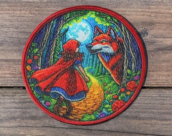 Parche termoadhesivo de Caperucita Roja, bordado para mochila, ropa, chaleco, chaqueta vaquera, insignia de cuentos de hadas, manualidades infantiles, lobo feroz
