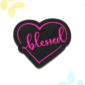 Heart Patch w/Blessed Text Embroidered Iron-on Applique for Clothing & Tote Bags, Positive Uplifting Message, Happy, Christian Patch Gifts