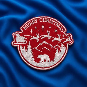 Merry Christmas Patch/Santa’s Sleigh Ride/Reindeer/Iron-On Patch/Festive Holiday/Embroidered Sew-On Applique for Stocking Gift & Crafts