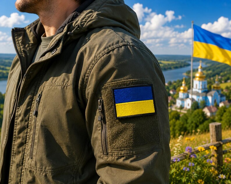 May include: An olive green jacket with a Ukrainian flag patch on the sleeve. The jacket has a hood and multiple pockets. In the background, a Ukrainian flag waves in the wind, with a church and landscape visible.
