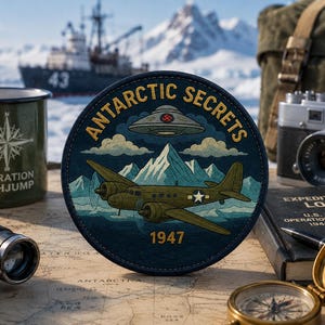 Può includere: Una toppa rotonda con la scritta "Antarctic Secrets" e un'illustrazione di un aereo d'epoca. Il design include un UFO, montagne e l'anno 1947. Altri elementi includono una bussola, un binocolo, una macchina fotografica e una tazza con "Operation Highjump".