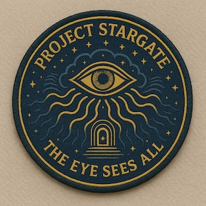 May include: A navy blue circular patch with gold text reading "PROJECT STARGATE" and "THE EYE SEES ALL". The design includes a gold eye, portal, stars, and wavy lines. The patch is a decorative item with a mystical theme.