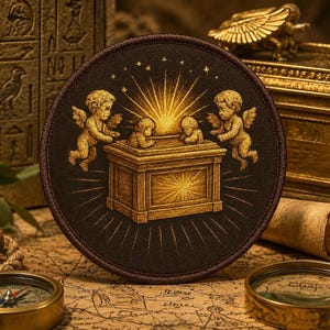 May include: A circular embroidered patch featuring a dark brown background with a gold-colored rectangular chest at the center. Two winged cherubs flank the chest, while a bright golden light radiates from the top and base of the structure.