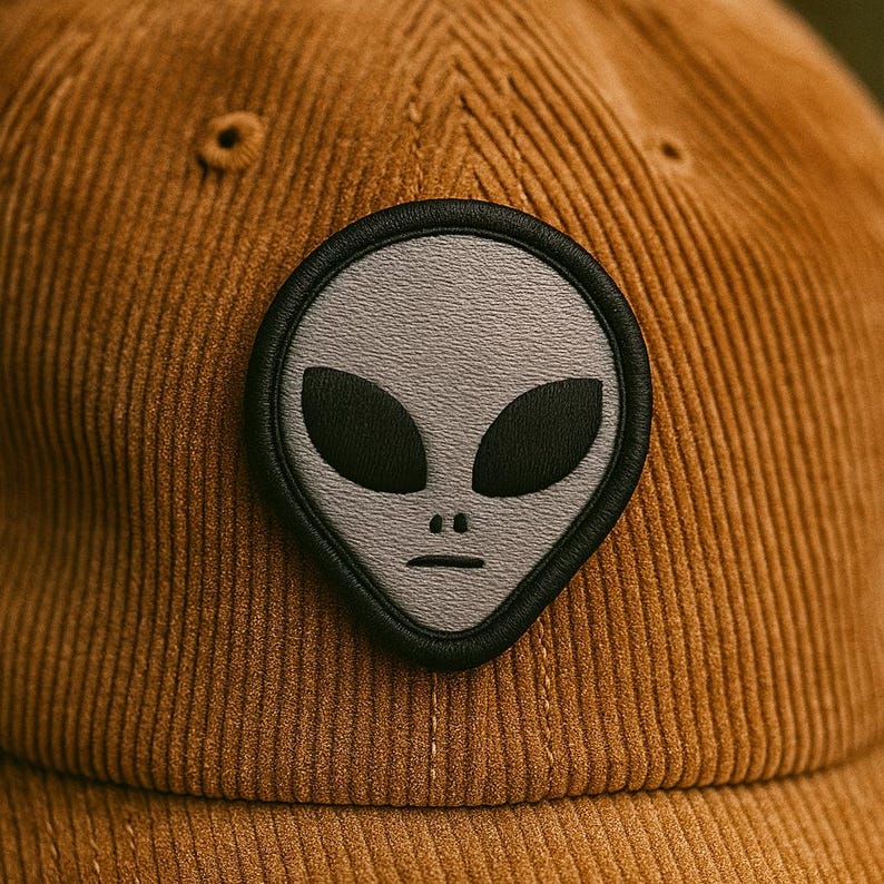 May include: A brown corduroy baseball cap with a gray alien patch. The alien patch features a black outline and black eyes. The cap has a curved brim and a structured crown.