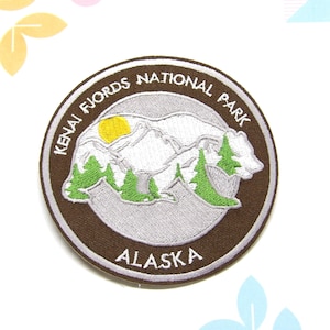 Kenai Fjords Patch Embroidered Iron-On Applique for Backpacks & Jackets, Bear Patch, Mountain Patch, Nature Badge, Camping Patch, Animals