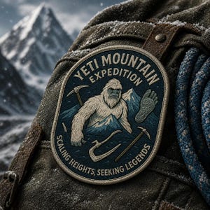May include: A circular patch with the text "Yeti Mountain Expedition" and an illustration of a yeti, mountains, and climbing tools. The patch is blue, white, and tan, with the words "Scaling Heights, Seeking Legends" around the edge. The patch is attached to a green jacket.