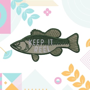 May include: Green embroidered iron-on patch of a bass fish with the text "Keep It Reel" in white thread.