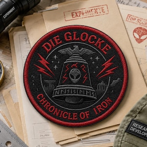 Puede incluir: Un parche redondo negro con borde rojo con el texto "DIE GLOCKE CHRONICLE OF IRON". El diseño incluye una campana, rayos y una cabeza alienígena. El parche está sobre papeles antiguos.