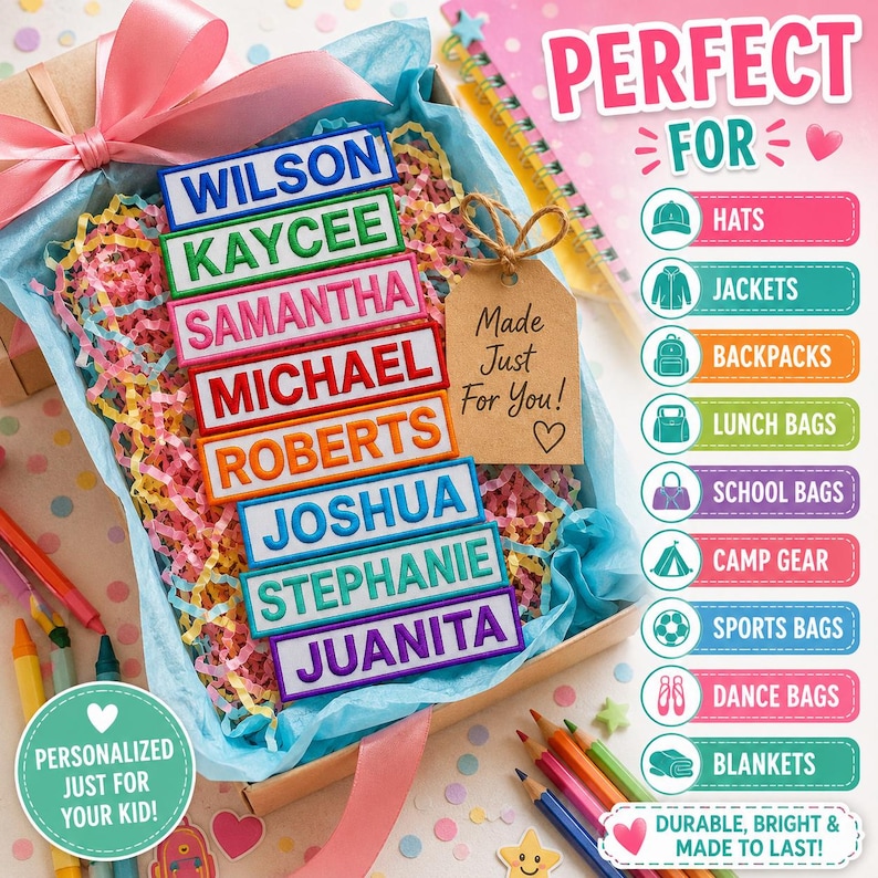 K&ouml;nnte beinhalten: Eine Geschenkbox mit acht rechteckigen, bestickten Namensaufn&auml;hern in verschiedenen Farben wie Blau, Gr&uuml;n, Pink, Rot, Orange und Lila. Jeder Aufn&auml;her zeigt einen Namen: Wilson, Kaycee, Samantha, Michael, Roberts, Joshua, Stephanie und Juanita.