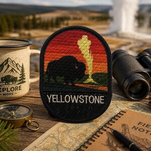 Yellowstone National Park Patch/Iron-On Patch/Bison Buffalo/Nature Badge/Geyser/Sew-On Applique for Clothing Vest/Jacket Hats Backpack Gear