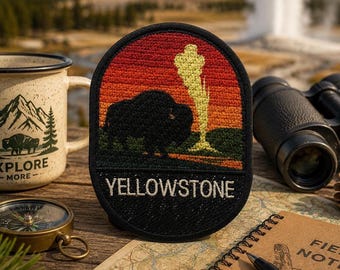 Yellowstone National Park Patch/Iron-On Patch/Bison Buffalo/Nature Badge/Geyser/Sew-On Applique for Clothing Vest/Jacket Hats Backpack Gear