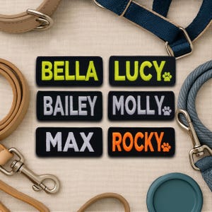 May include: Black rectangular patches with embroidered pet names: BELLA, LUCY, BAILEY, MOLLY, MAX, and ROCKY. Each patch has a paw print. Various dog leashes and collars in tan and blue surround the patches.