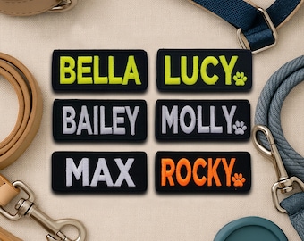 Custom Your Dog Name Embroidered Iron On, Sew On, or Hook & Loop Patch Small, Medium, and Large Sizes Available Personalized Tag Custom Name