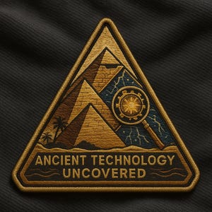 Könnte beinhalten: Gestickter Aufnäher in Dreiecksform mit goldenem Rand. Das Design zeigt Pyramiden, Palmen und eine Lupe über einem Zahnrad, mit dem Text "ANCIENT TECHNOLOGY UNCOVERED".