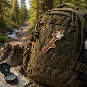 May include: An olive green backpack with a marshmallow on a stick patch, a stainless steel water bottle, and hiking boots. A compass rests on a map. The scene is set in a forest with a stream.