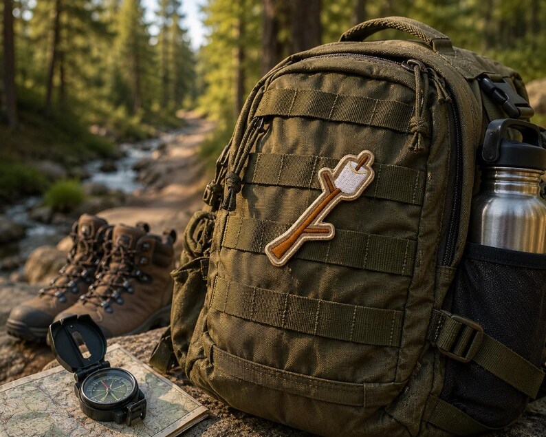 May include: An olive green backpack with a marshmallow on a stick patch, a stainless steel water bottle, and hiking boots. A compass rests on a map. The scene is set in a forest with a stream.