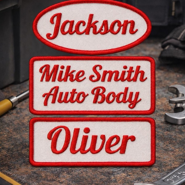 Personalized Name Embroidered Iron On Name Tag - Garage Name Patch - Uniform name patch