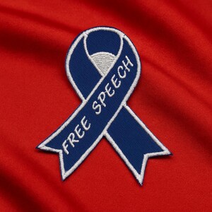 Free Speech Blue Ribbon Patch/Iron-On Patch/Fundraising Gift/Cause Patch/Embroidered Sew-On Applique for Vest/Jacket Clothing Backpack
