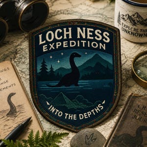 May include: A shield-shaped embroidered patch featuring a dark blue night scene of the Loch Ness monster in a lake with mountains and pine trees. The text reads LOCH NESS EXPEDITION at the top and INTO THE DEPTHS at the bottom in white lettering.