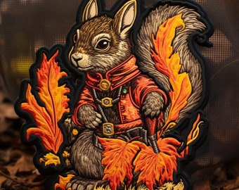 Squirrel Patch Iron-on/Sew-on Applique for Backpack Clothing Vest Bag Jacket Hat, Wild Animal Badge, Acorn Leaf, Warrior, Wild Animal Badge