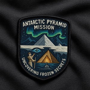 May include: Embroidered patch with the text "Antarctic Pyramid Mission" and "Uncovering Frozen Secrets." The patch features a pyramid, aurora borealis, and a figure with a staff. The color palette includes blues, greens, and browns.