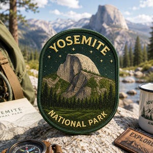 May include: A round embroidered patch featuring a dark green background with a detailed depiction of Half Dome in Yosemite National Park. The text YOSEMITE is arched at the top and NATIONAL PARK is at the bottom in gold, with small stars.