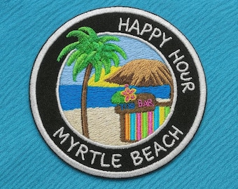 Myrtle Beach Patch/Iron-On Patch/Tiki Bar Patch/Embroidered Sew-On Applique for Tote Bags & Clothing, Tropical Vibes Patch, Happy Hour Patch