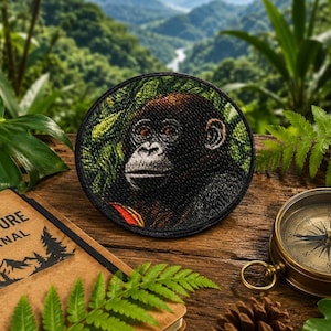 May include: Circular embroidered patch depicting a gorilla's face amidst green leaves. The patch has a black border and detailed design. A compass, journal, and ferns are also visible.