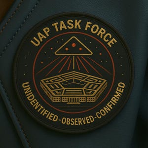 Può includere: Una toppa circolare con il testo "UAP TASK FORCE" e "UNIDENTIFIED-OBSERVED-CONFIRMED" in un motivo circolare. La toppa presenta un design del Pentagono color oro con accenti rossi e oro e un triangolo con tre punti sopra.