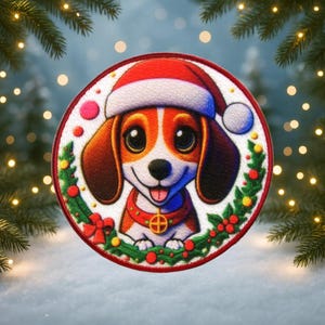 May include: A round Christmas patch featuring a cartoon beagle wearing a Santa hat and a red collar with a gold pendant. The patch is surrounded by a wreath of green leaves, red berries, and a red border. The background is a snowy scene.