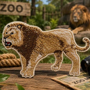Puede incluir: Un parche bordado con la forma de un león de pie con melena marrón oscuro y pelaje dorado. El león está representado de perfil mirando hacia la izquierda con la boca ligeramente abierta, mostrando una lengua roja y dientes blancos, con un borde blanco.