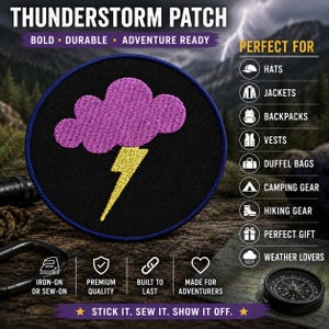 Thunderstorm Clouds Patch/Iron-On Patch/Nature Badge/Weather & Rain/Embroidered Sew-On Applique for Clothing Vest/Jacket Hats Backpack