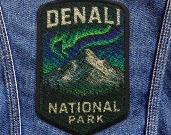 Denali National Park Patch/Northern Lights/Iron-On Patch/Hiking & Camping/Nature Badge/Sew-On Applique for Clothing Vest/Jacket Backpack
